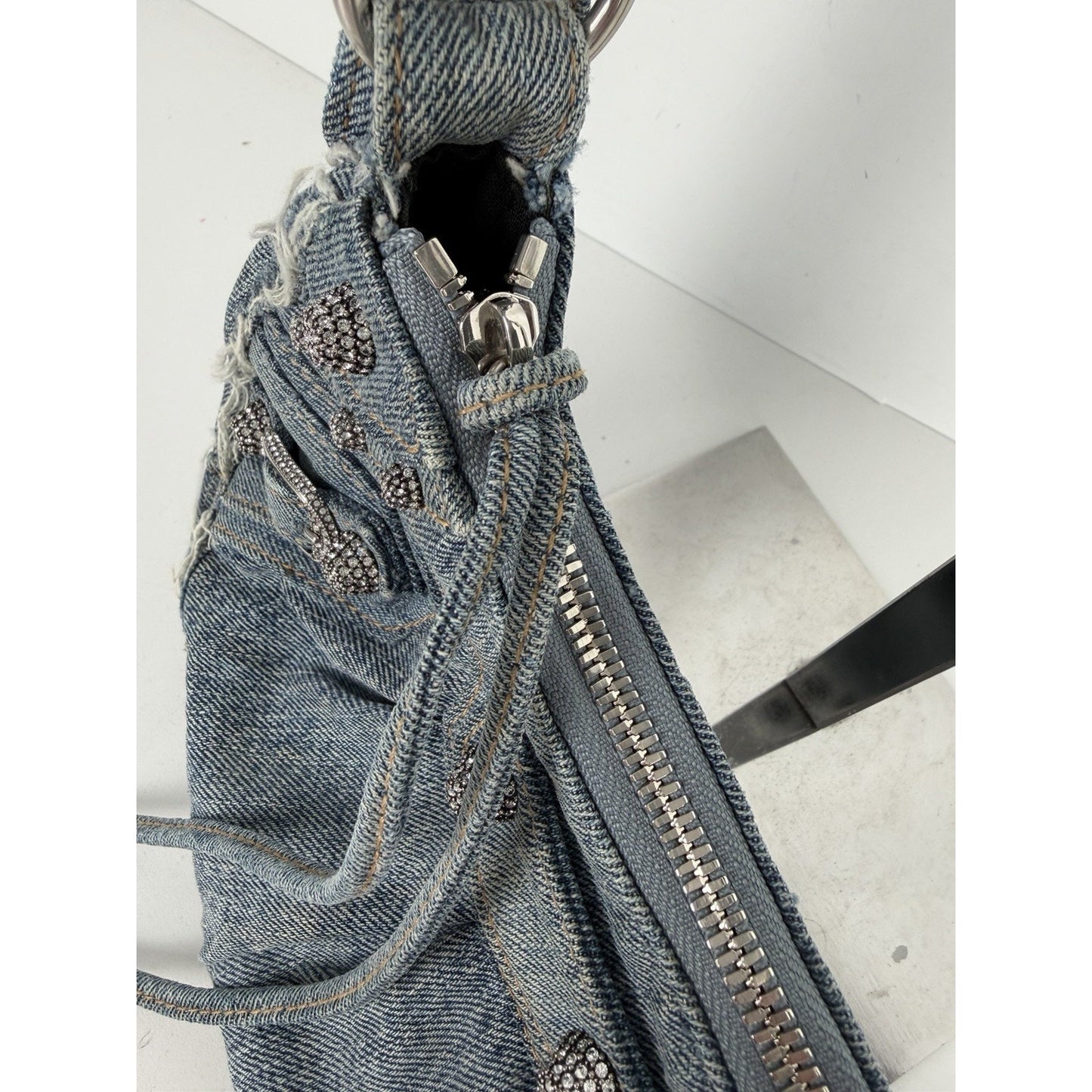 Balenciaga Le Cagole Bag XS in Blue Distressed Denim with Crystal Hardware S-01