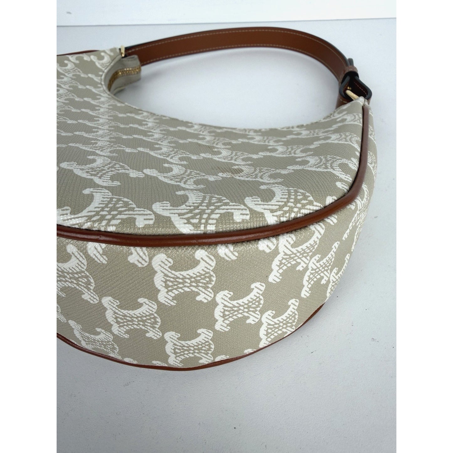 Celine Triomphe Ava Shoulder Bag Beige Coated Canvas with Brown Leather Trim S08