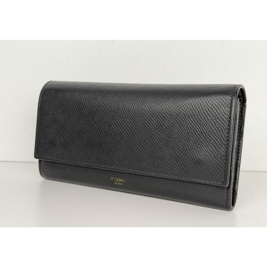 Celine Large Flap Wallet in Black Grained Calfskin Leather