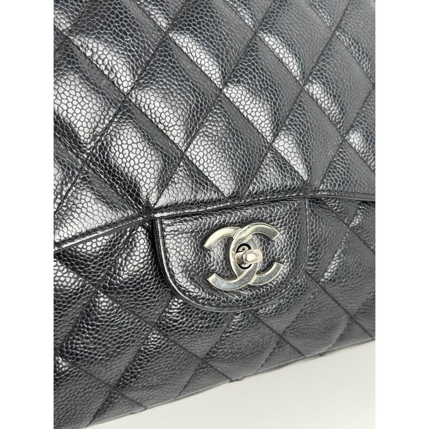 Chanel Jumbo Classic Single Flap Bag in Black Caviar Leather w Silver Hardware