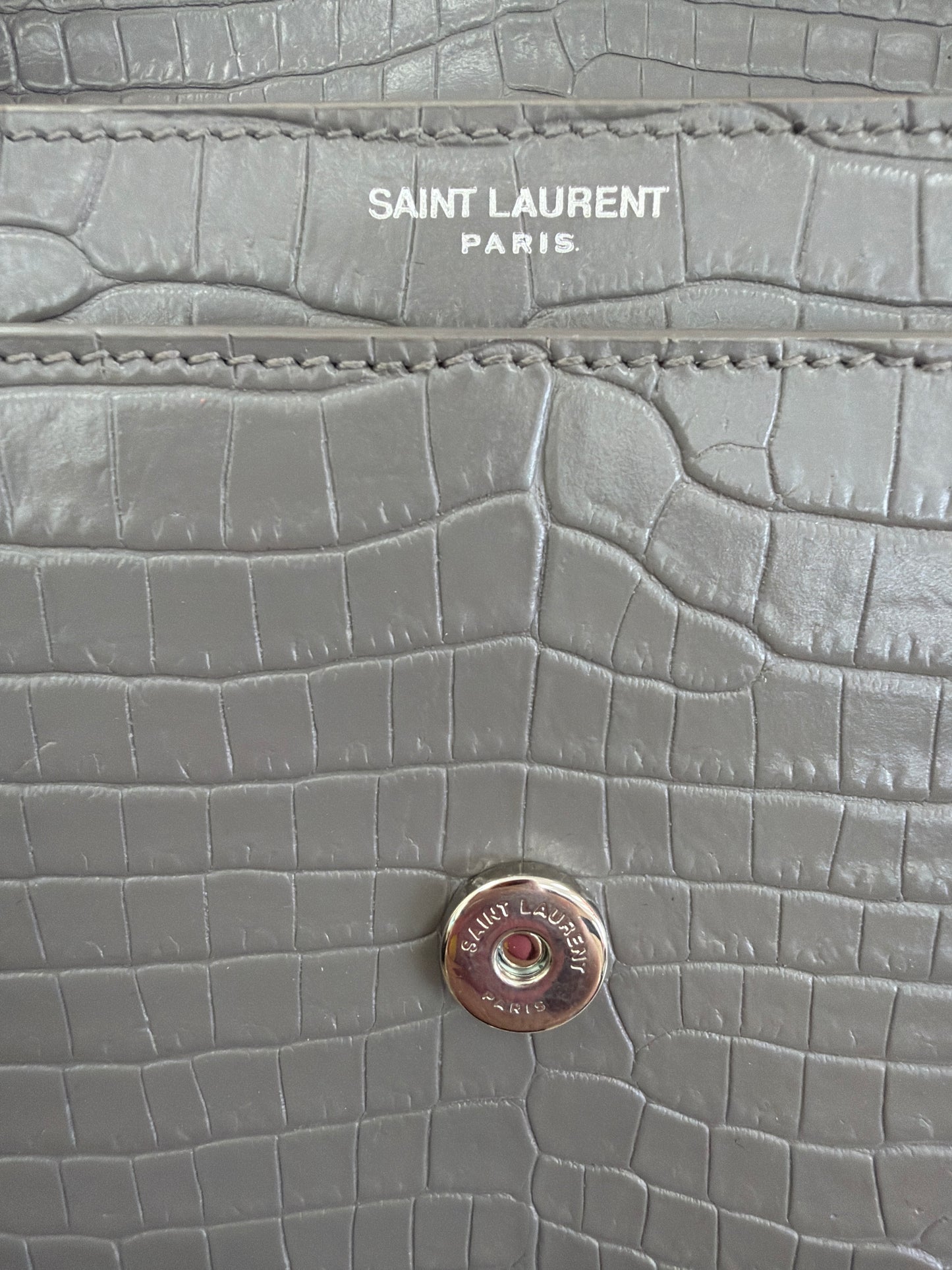 Saint Laurent Sunset Crocodile Embossed Leather Grey Medium Shoulder Bag