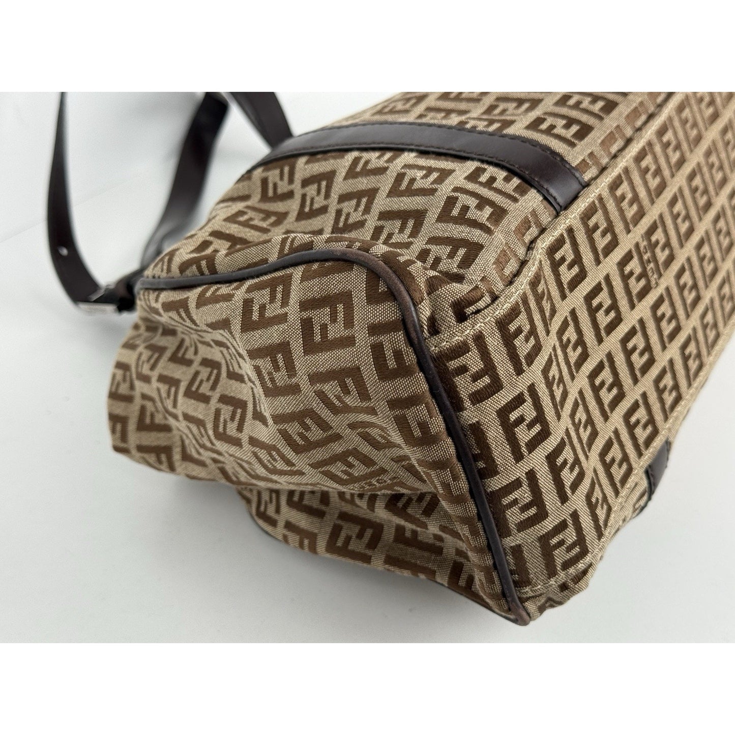 Fendi Zucchino Canvas Monogram Bag with Leather Trim and Silver Hardware