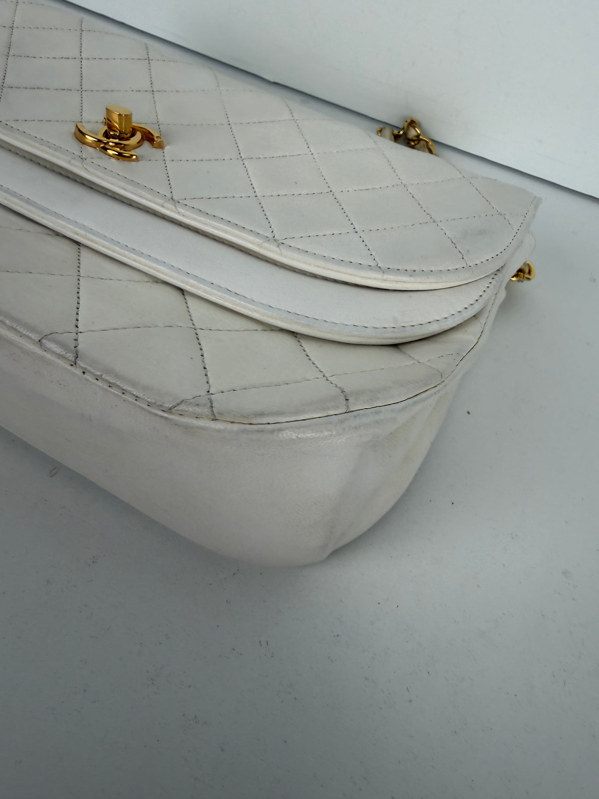 Chanel Half Moon Vintage Double Flap Bag in White Lambskin Leather With Gold-Tone Hardware