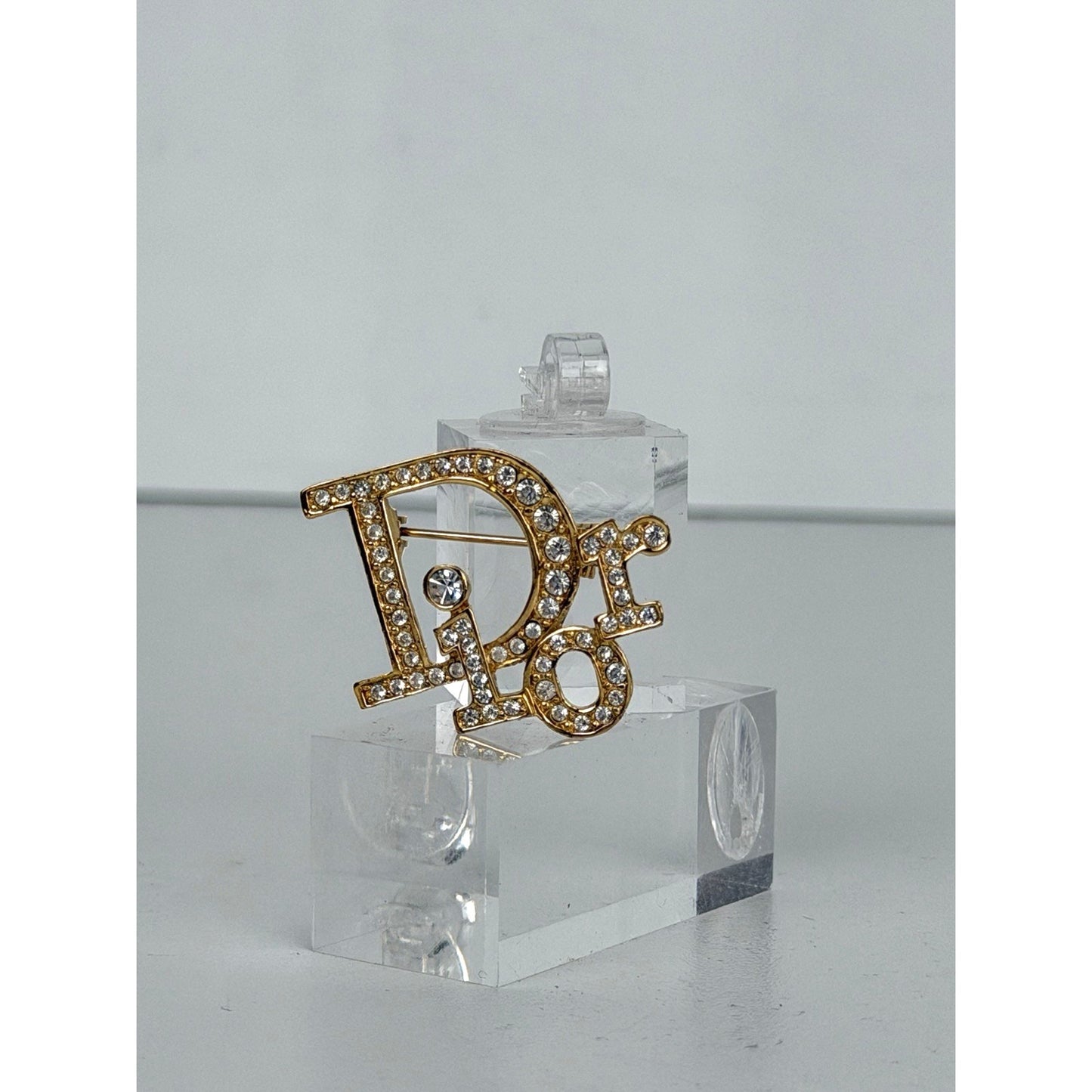 Christian Dior Gold Logo Brooch Rhinestone-Encrusted Letters K3