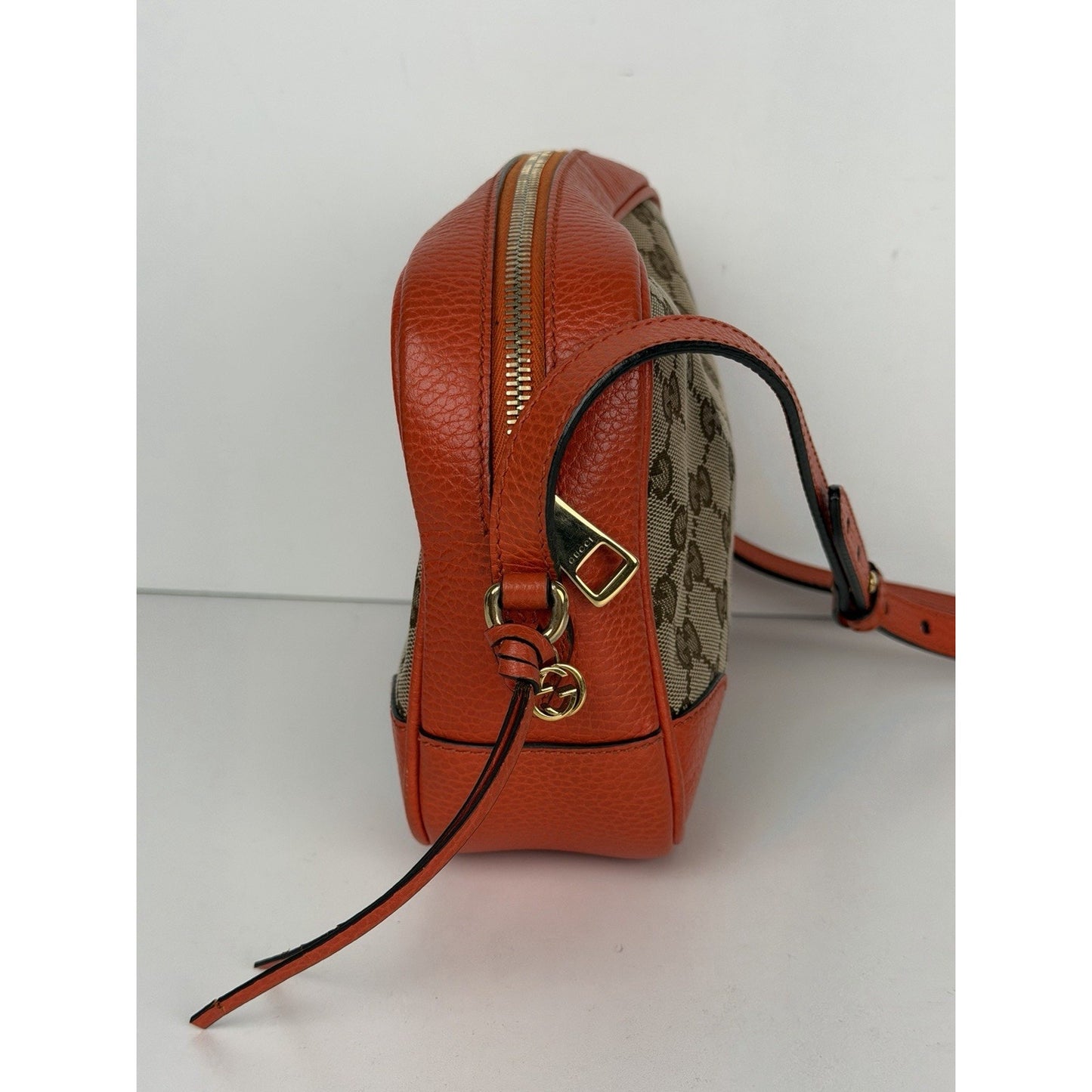 Gucci Bree Camera Bag Beige&Ebony GG Monogram Canvas & Orange leather Trim S11