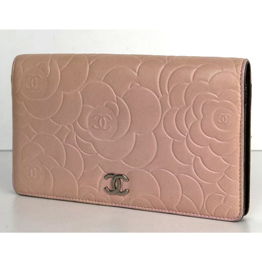 Chanel Pink Lambskin Camellia Embossed Wallet in Pink 2010 K-2