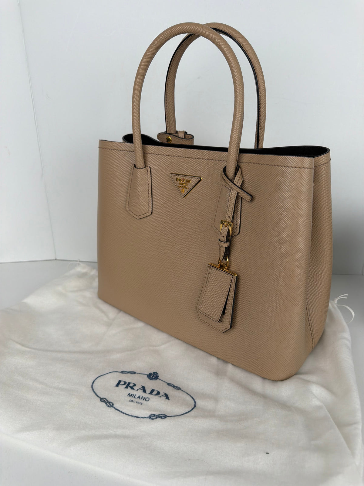 Prada Double Tote Medium Bag in Beige Saffiano Leather