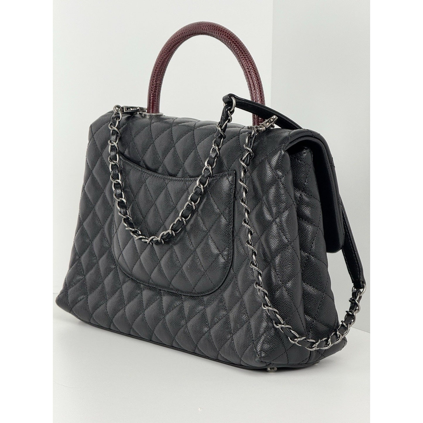 Chanel Caviar Lizard Quilted Larg Coco Handle Flap Black Top Handle Shoulder Bag