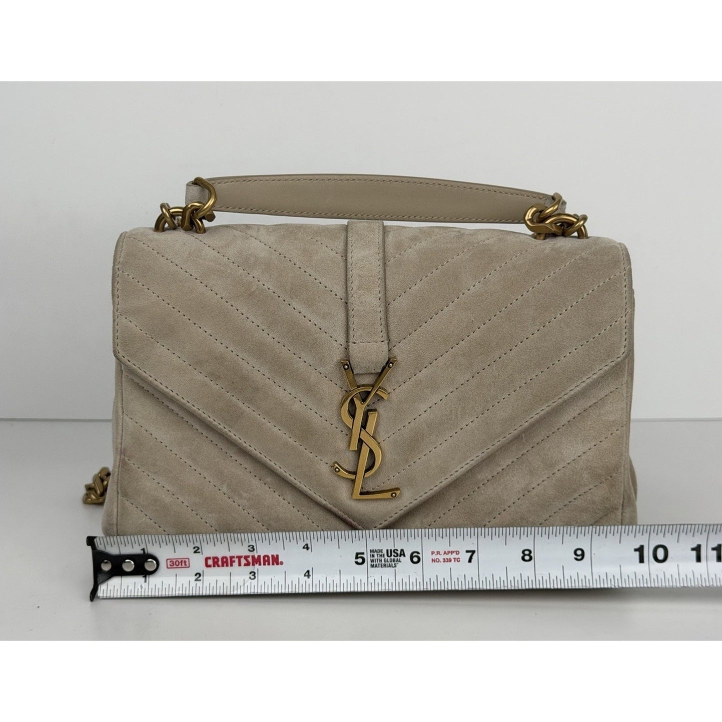 Saint Laurent Medium College Bag in Quilted Taupe Suede S10