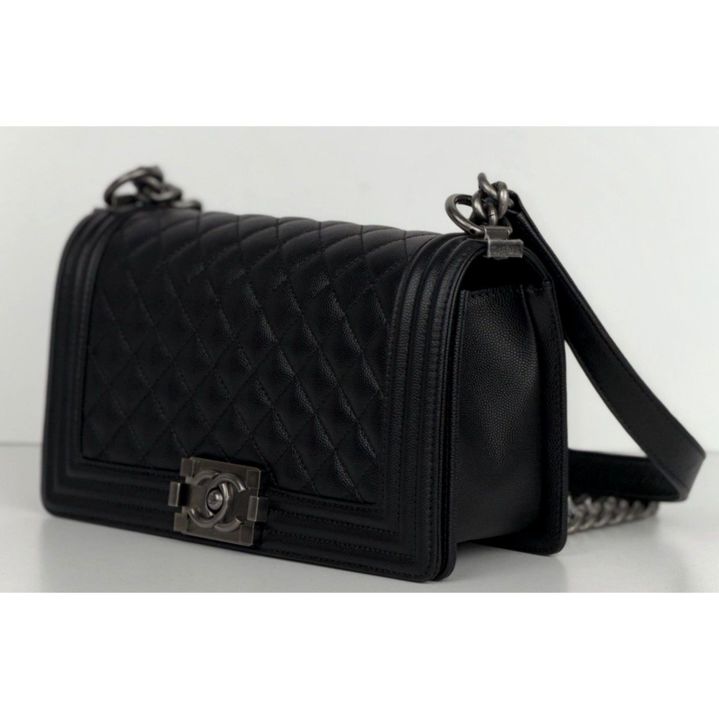 Chanel Boy Flap Bag Old Medium in Black Caviar Leather Gunmetal Hardware NFC C6