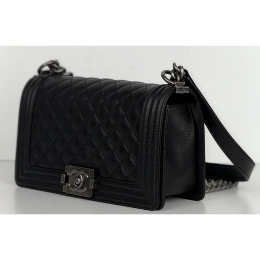 Chanel Boy Flap Bag Old Medium in Black Caviar Leather Gunmetal Hardware NFC C6