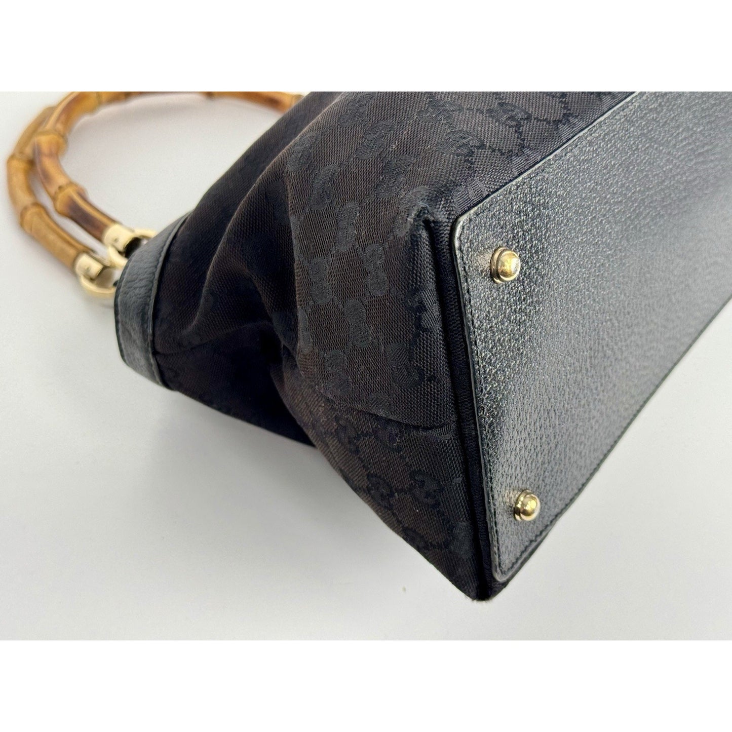 Gucci GG Canvas Tote Bag in Black with Bamboo Handles D-7