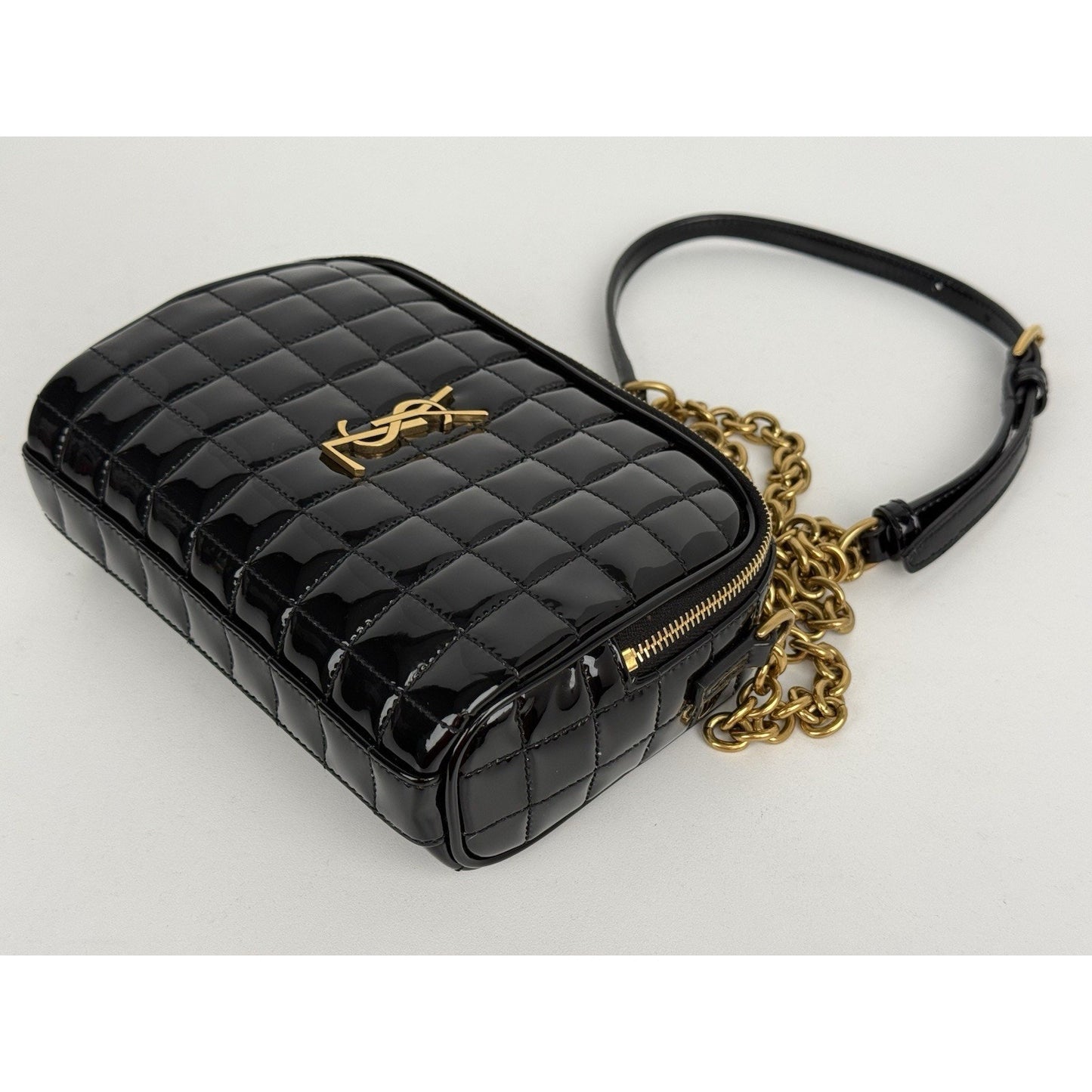 Saint Laurent Patent Calfskin Carré Quilted Cassandre Mini Camera Bag Black