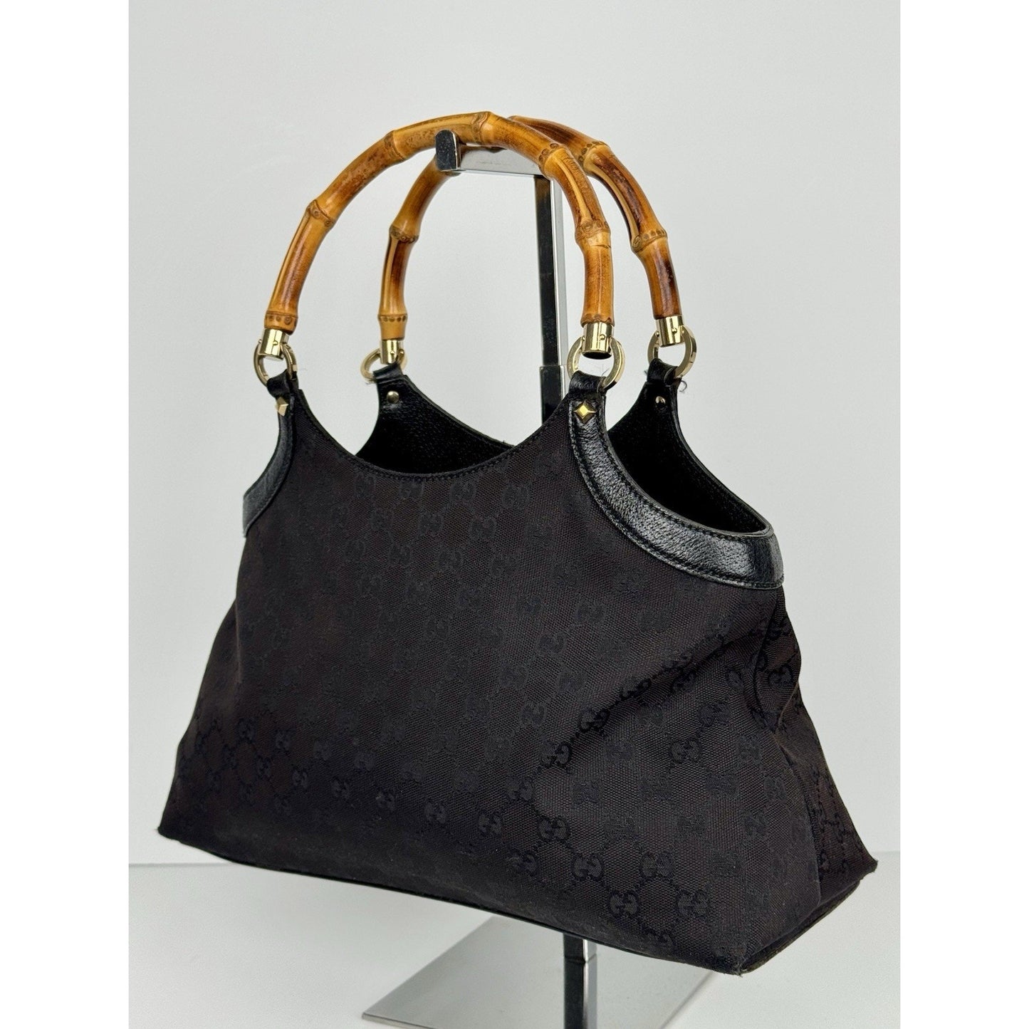 Gucci GG Canvas Tote Bag in Black with Bamboo Handles D-7