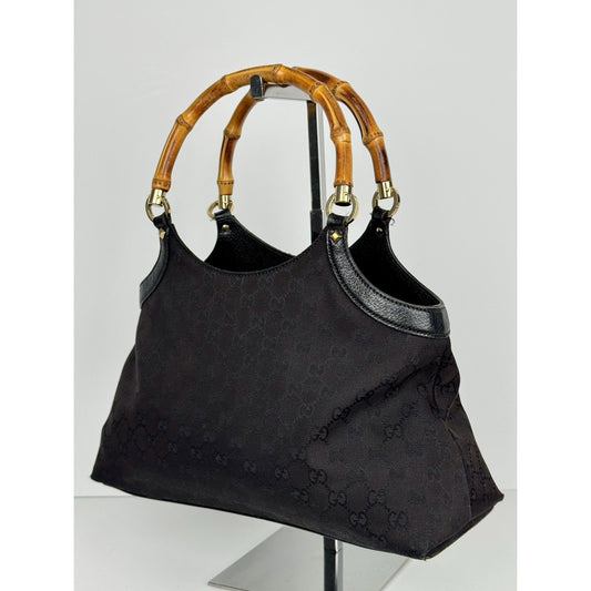 Gucci GG Canvas Tote Bag in Black with Bamboo Handles D-7