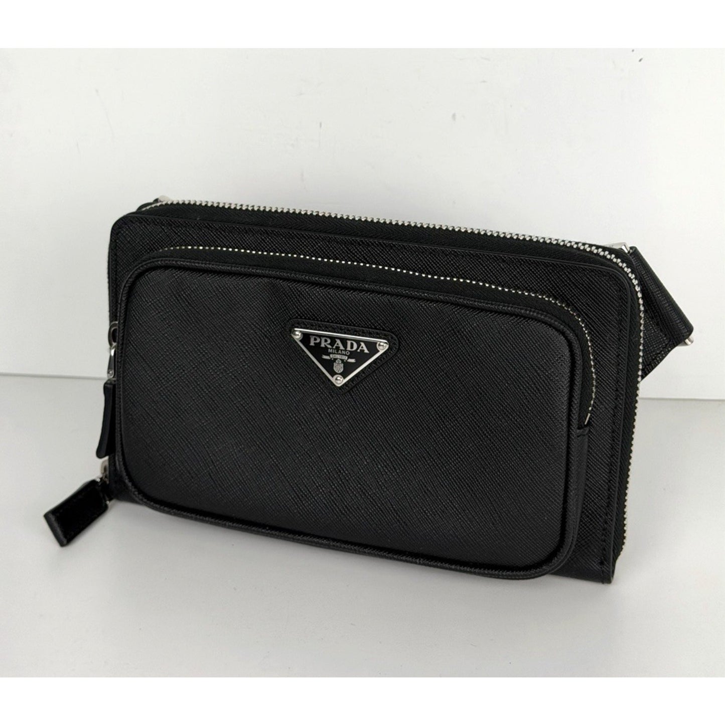 Prada Enameled Metal Triangle Logo Belt Bag in Black Saffiano Leather B-5