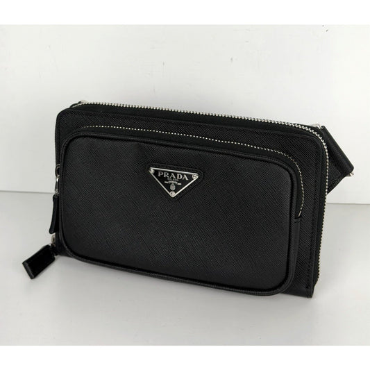 Prada Enameled Metal Triangle Logo Belt Bag in Black Saffiano Leather B-5