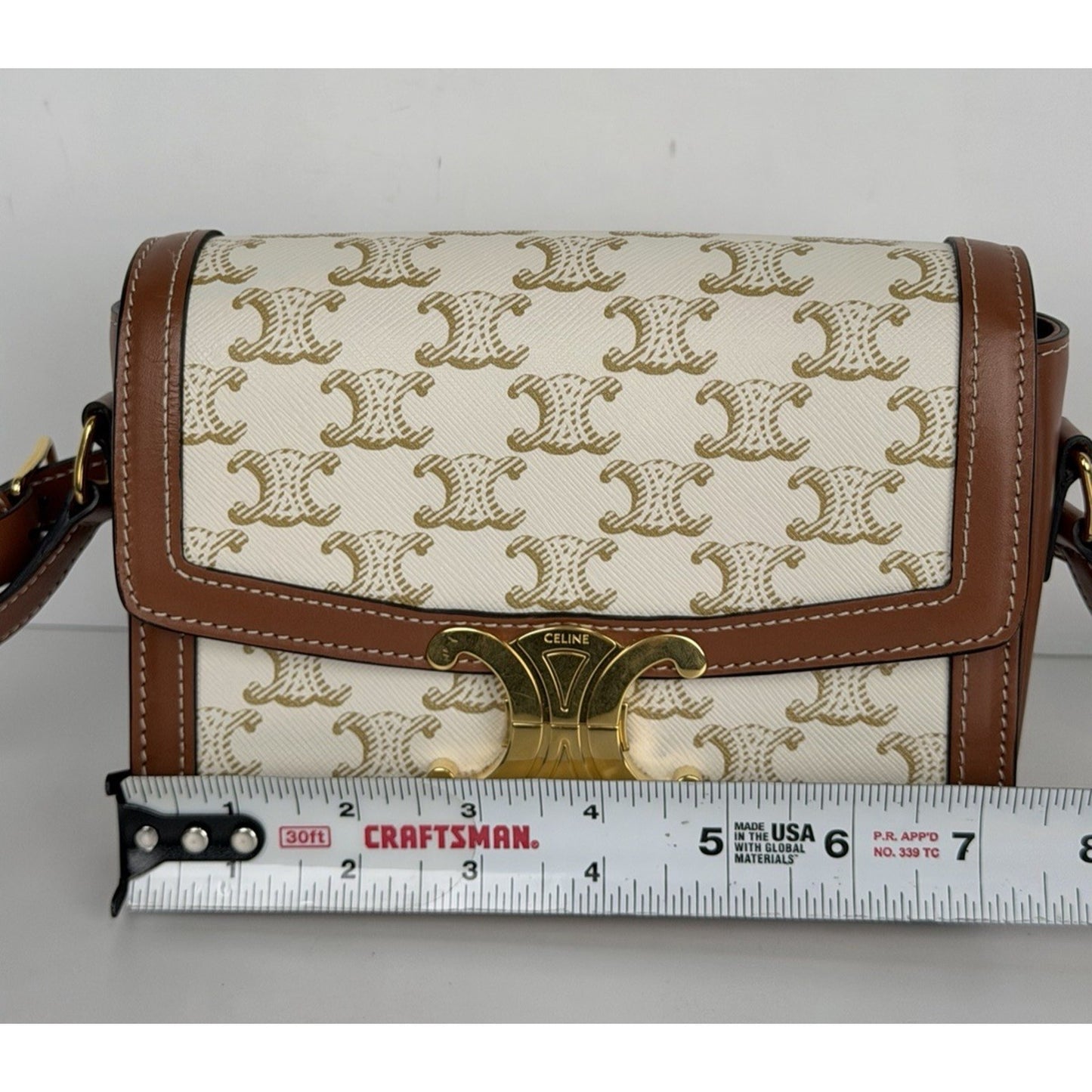 Celine Teen Triomphe Bag in Brown and White Triomphe Canvas and Calfskin S11