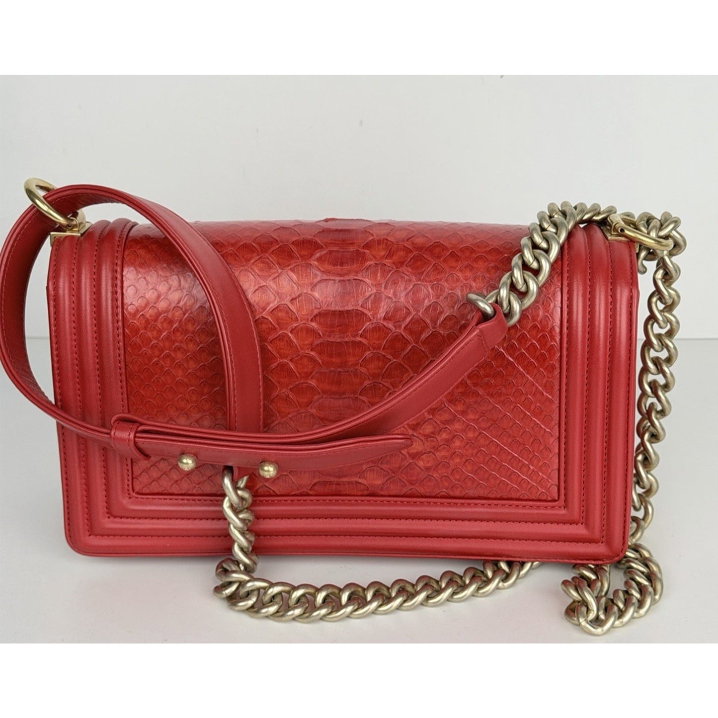 LAYAWAY: CHANEL Python Boy Bag Medium Red Leather Brushed Gold Hardware 2014 B4