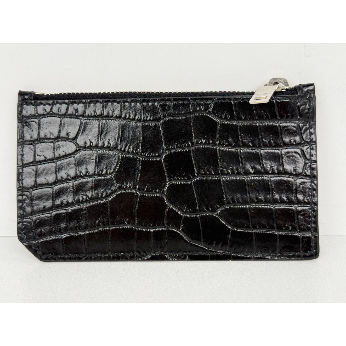 Saint Laurent Calfskin Crocodile Embossed 5 Fragments Zip Card Holder