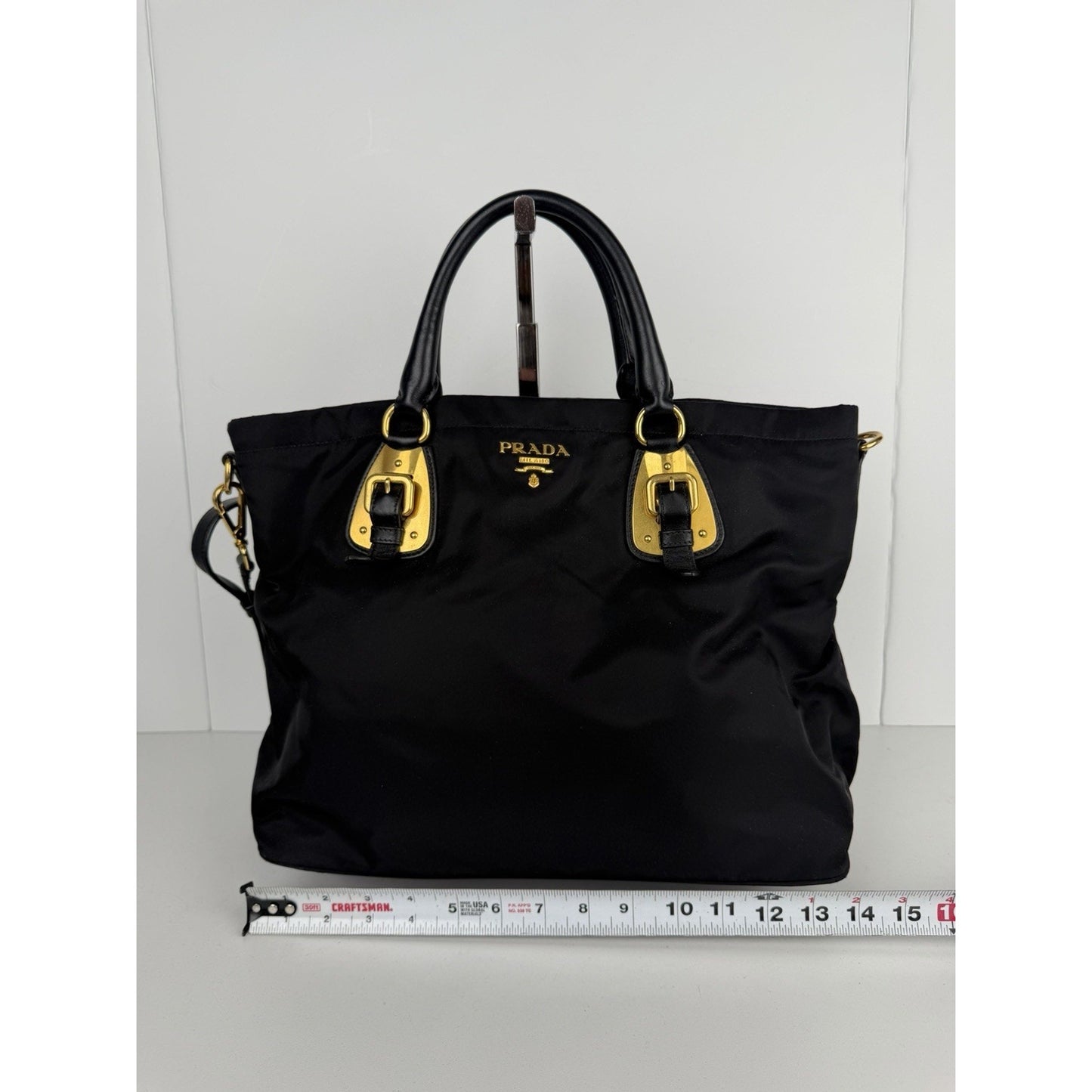 Prada Tessuto Tote Bag in Black Nylon with Gold Hardware Buckle Accents S