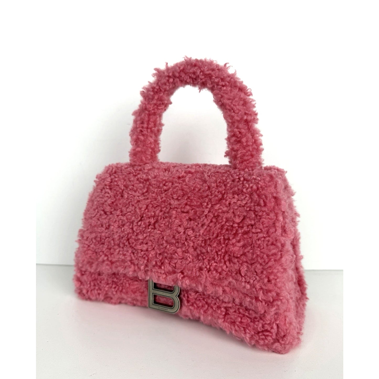Balenciaga Hourglass Top Handle Bag Small in Pink Fuzzy Faux Fur S-01