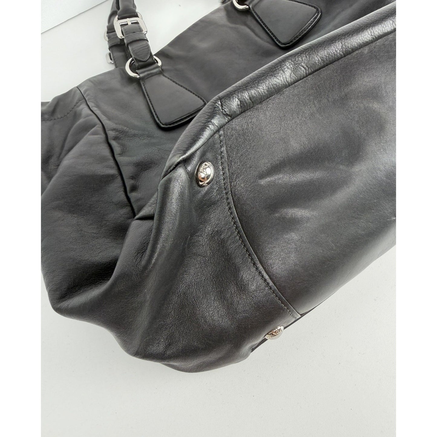 Prada Buckle L Bowler Two-Way Shoulder Bag in Black Soft Calfskin Leather S-07