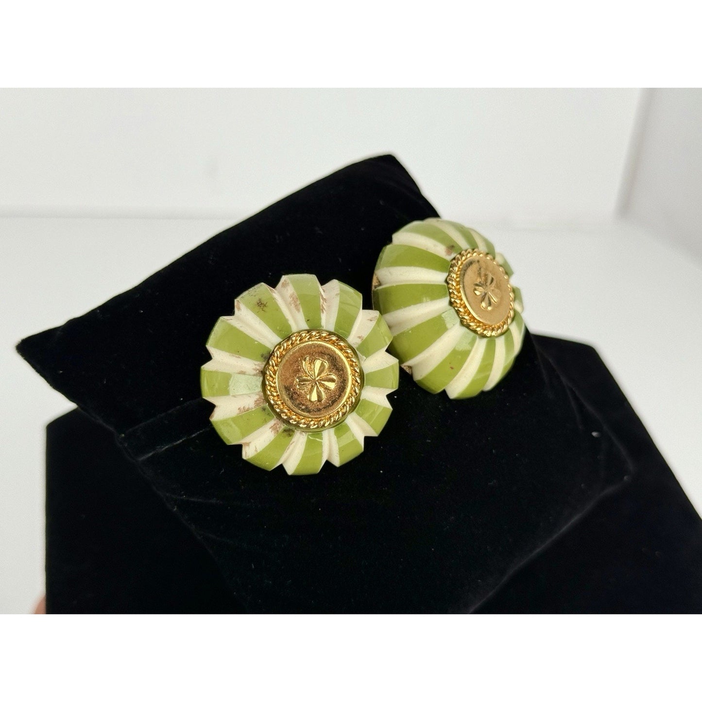 Chanel Vintage Gold Tone Clover Green Enamel Clip On Earrings