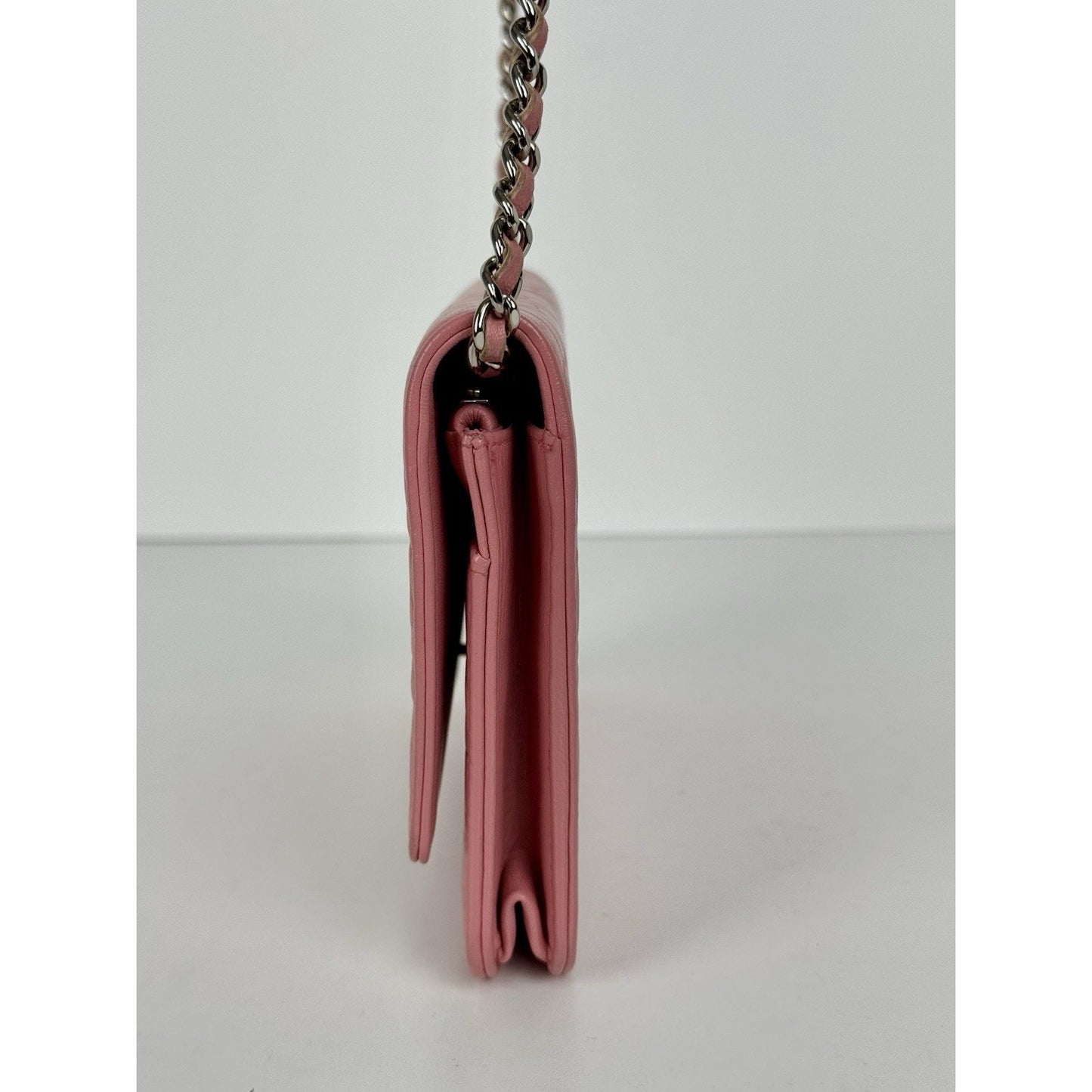 Chanel Camellia Wallet on Chain Pink Embossed Lambskin Silver Hardware B-9