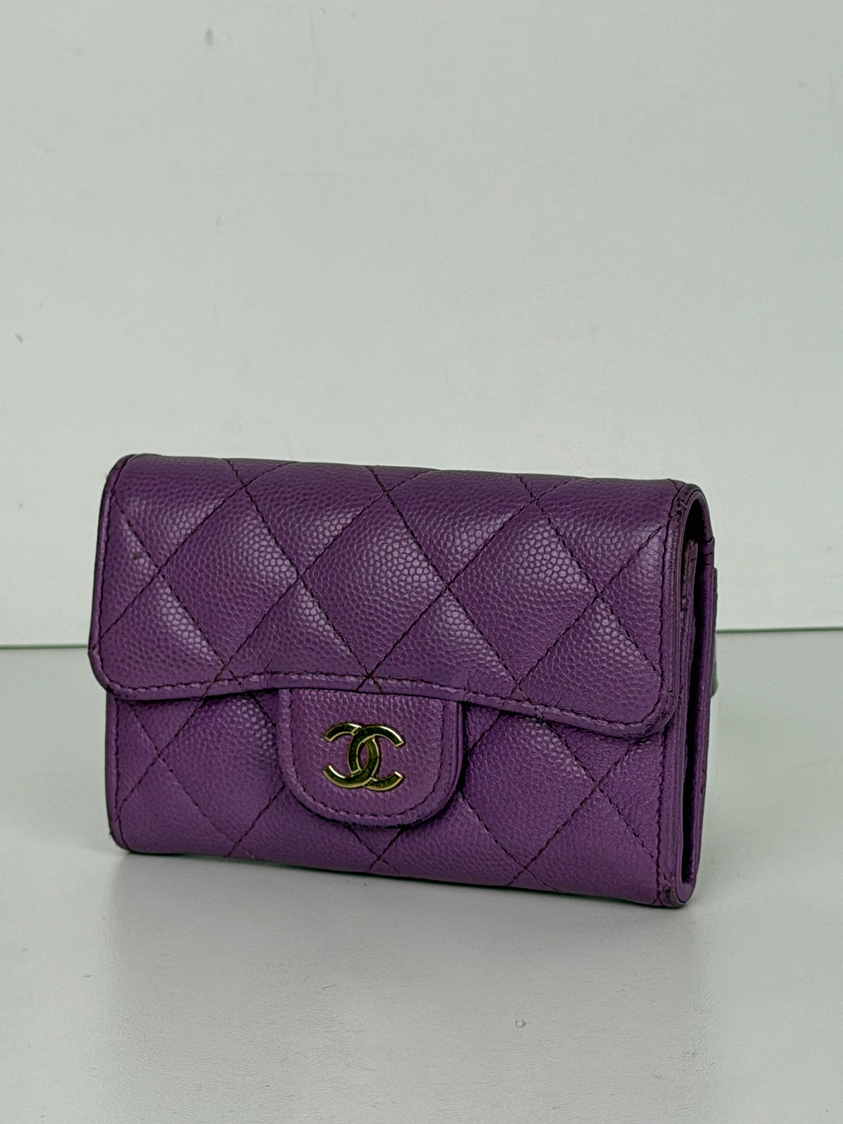 Chanel Quilted Caviar Flap Card Holder Wallet in Purple K-3