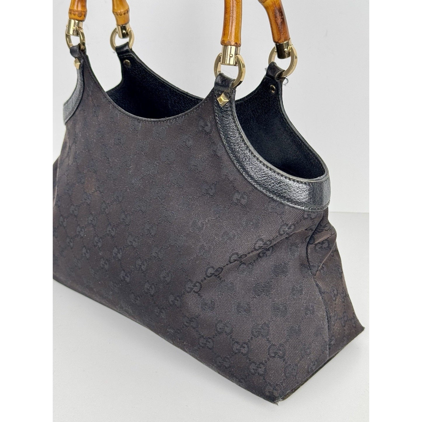 Gucci GG Canvas Tote Bag in Black with Bamboo Handles D-7