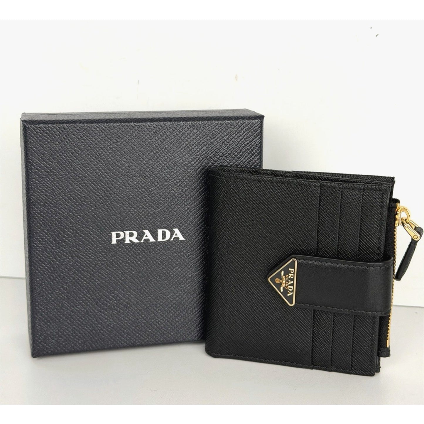 Prada Small Saffiano and Smooth Leather Bifold Wallet in Black