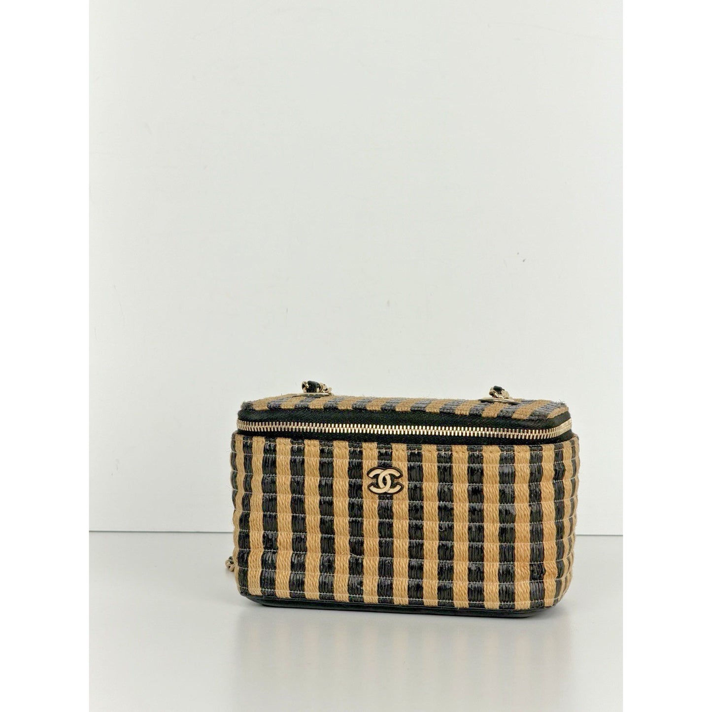 Chanel Classic Vanity Case with Chain Striped Raffia and Jute Small