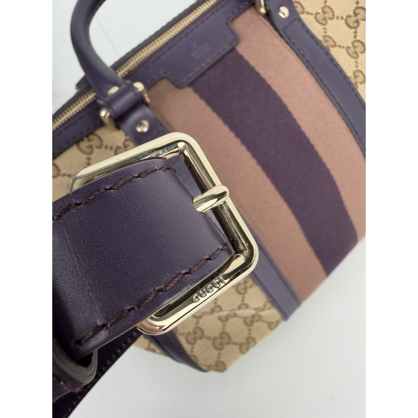Gucci Web Boston Medium Bag in Brown GG Monogram Canvas & Purple Trim S