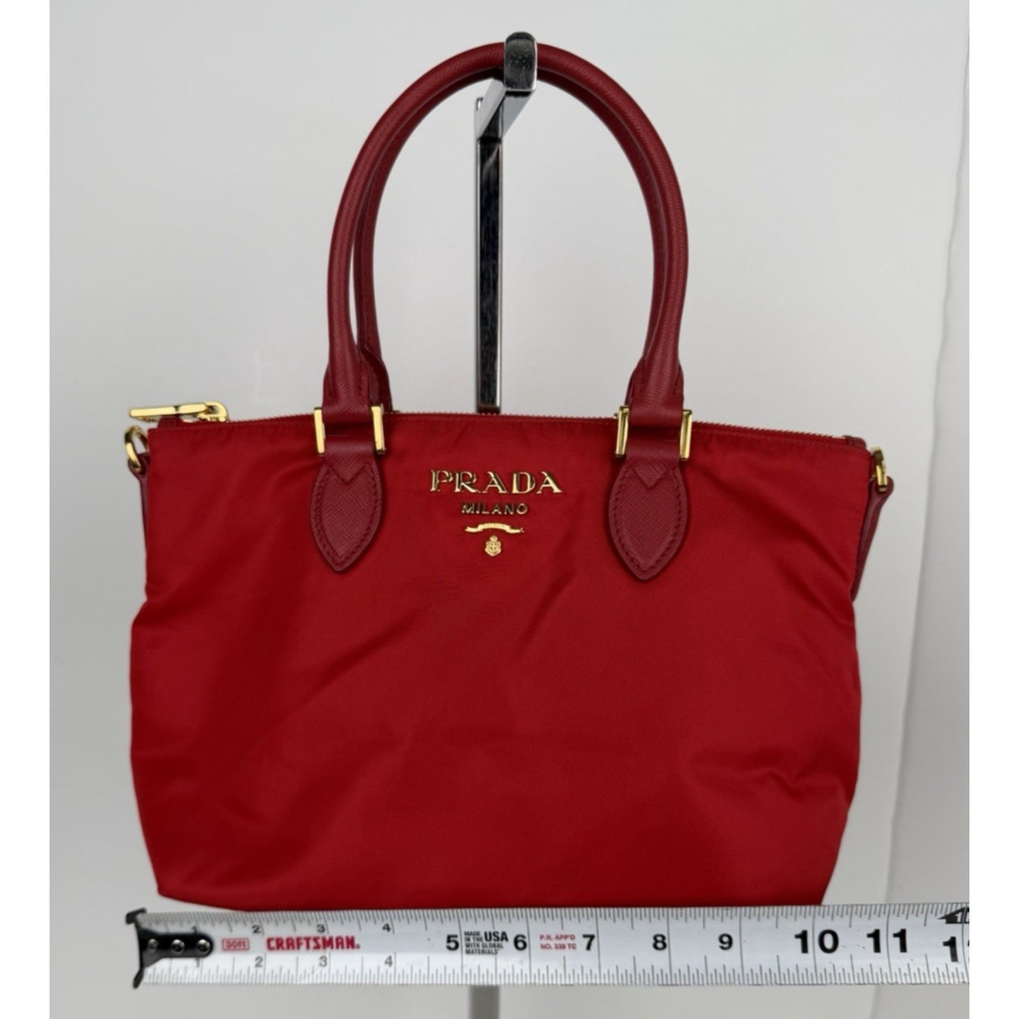 Prada Tessuto Nylon Medium Tote Bag in Red with Saffiano Leather Trim S11