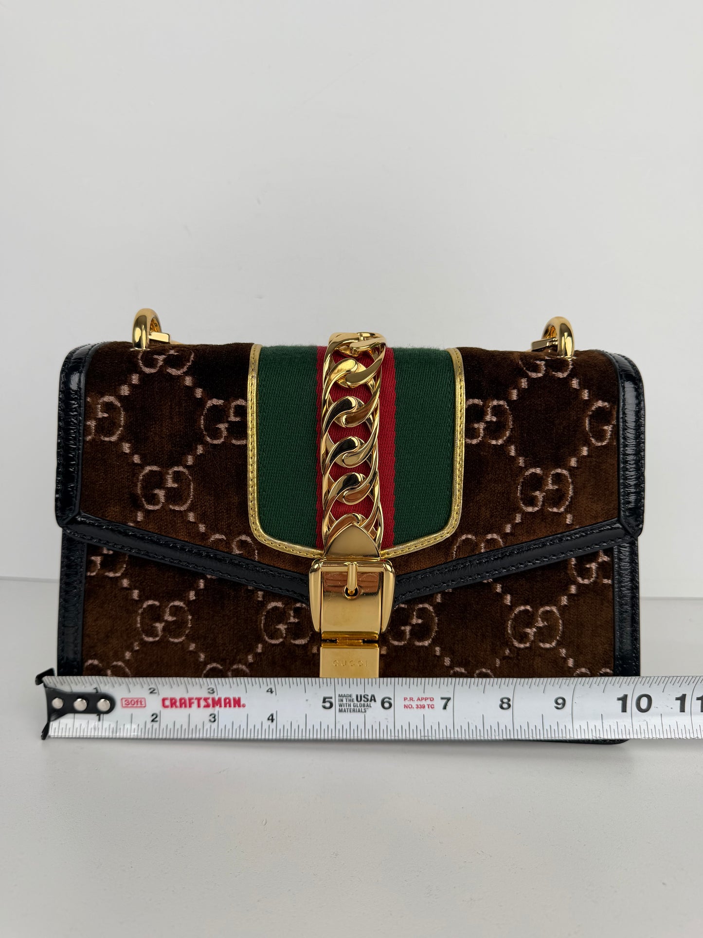 Gucci Sylvie Small Crossbody Bag in Brown GG Velvet with Web S-07