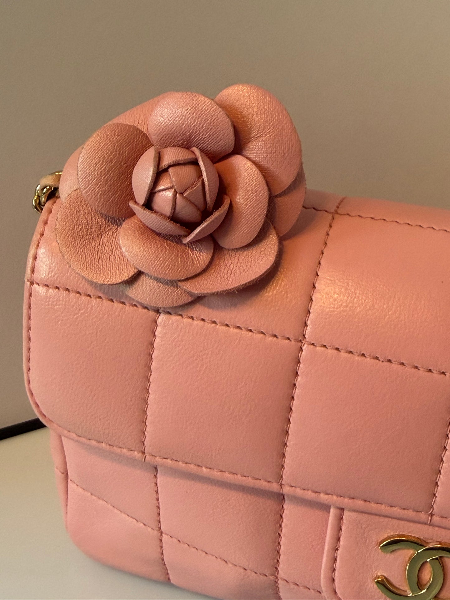 Chanel Lambskin Quilted Mini Chocolate Bar Camellia Flap Pink E1