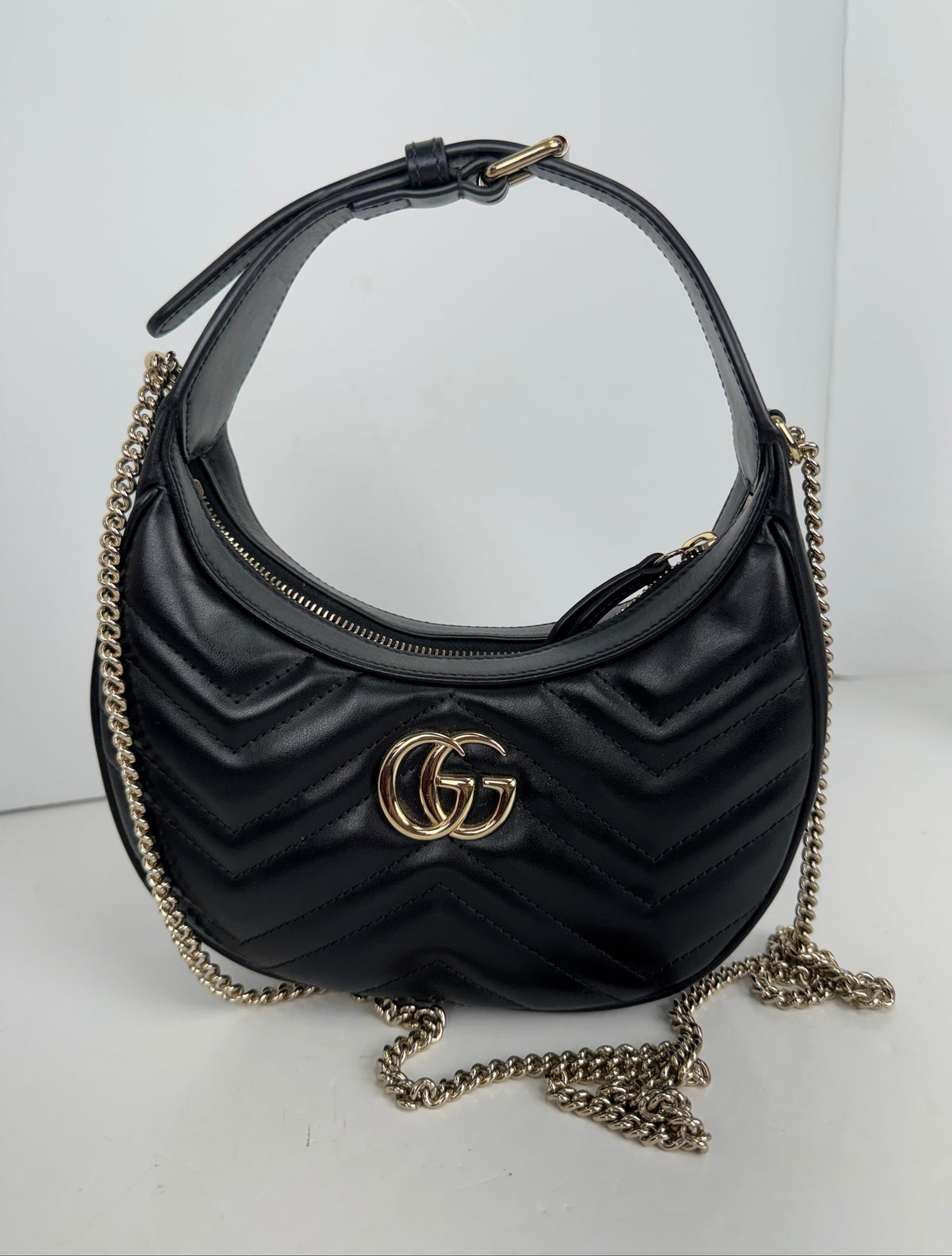 Gucci GG Marmont Half-Moon Mini Bag in Black Matelasse leather YS08