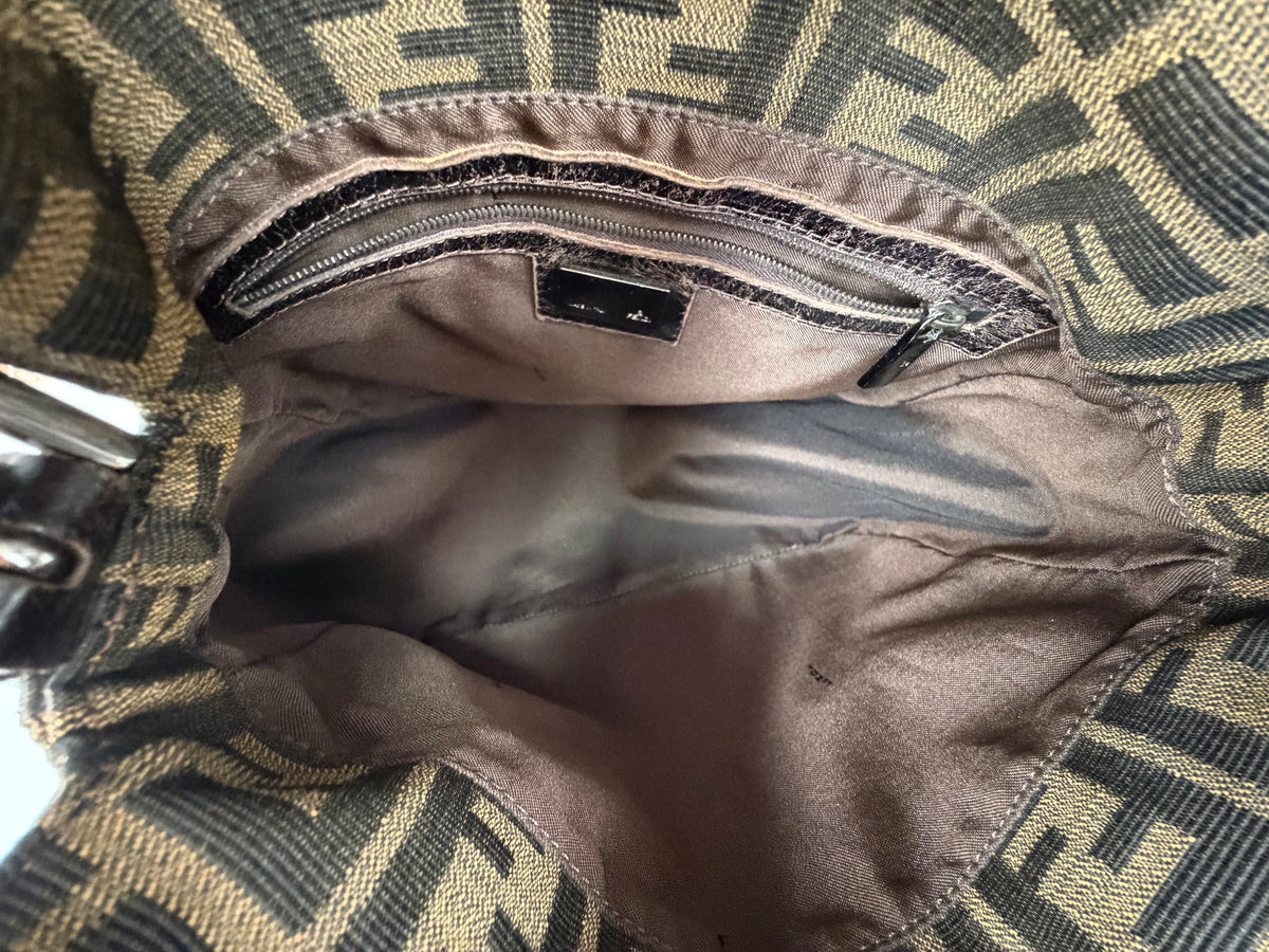 Fendi Zucca FF Double Flap Baguette Shoulder Bag in Brown Canvas