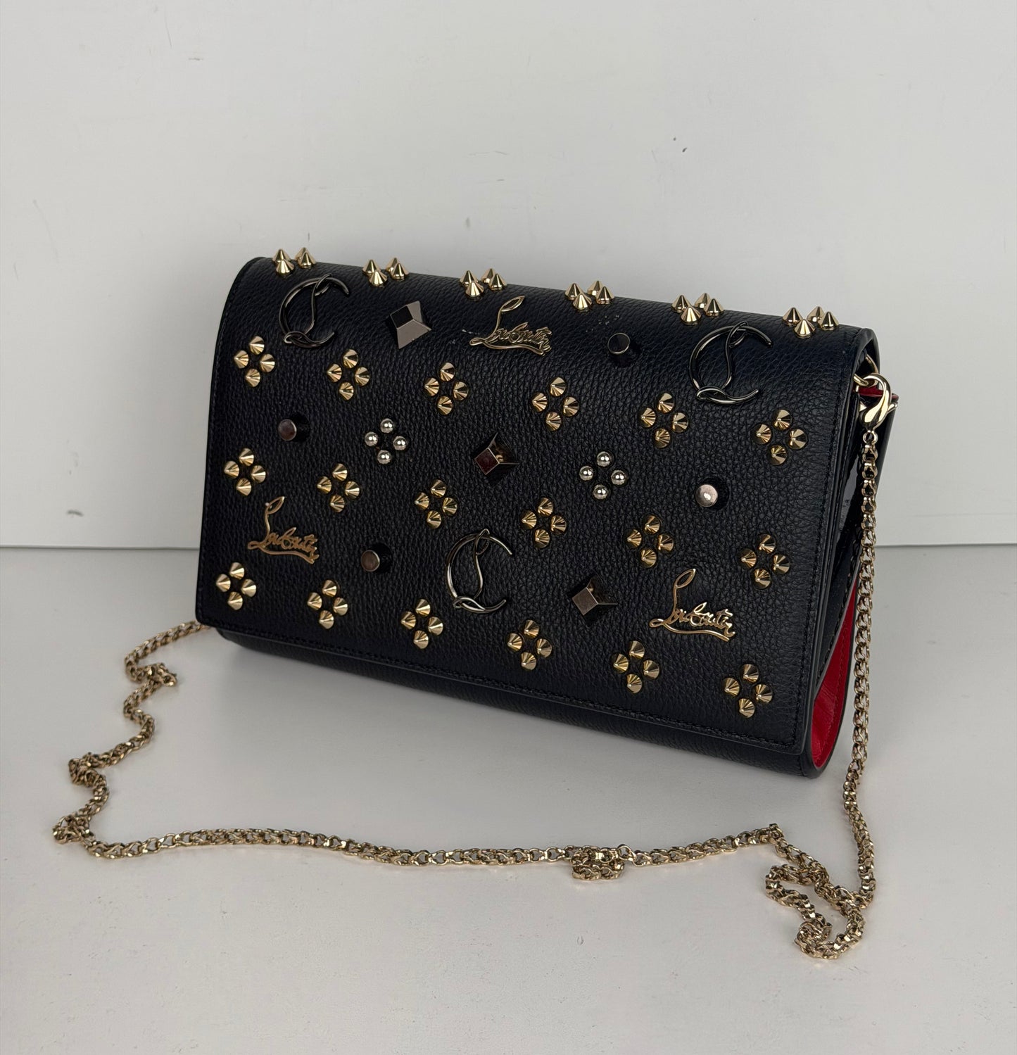 Christian Louboutin Paloma Clutch Bag in Black Leather with Spike Accents YS