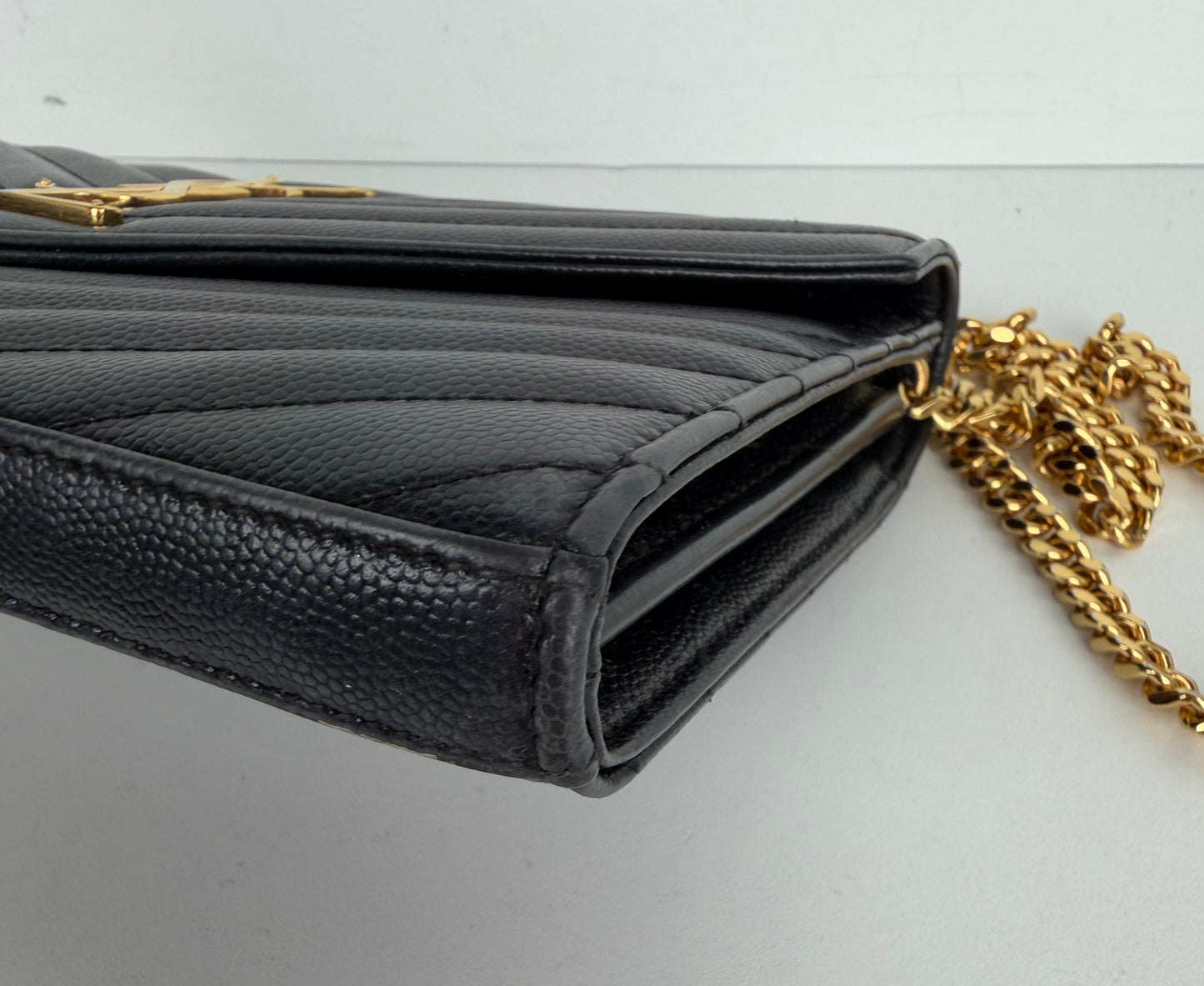 Saint Laurent Cassandre Wallet on Chain Bag in Black Grain De Poudre Leather YS-03