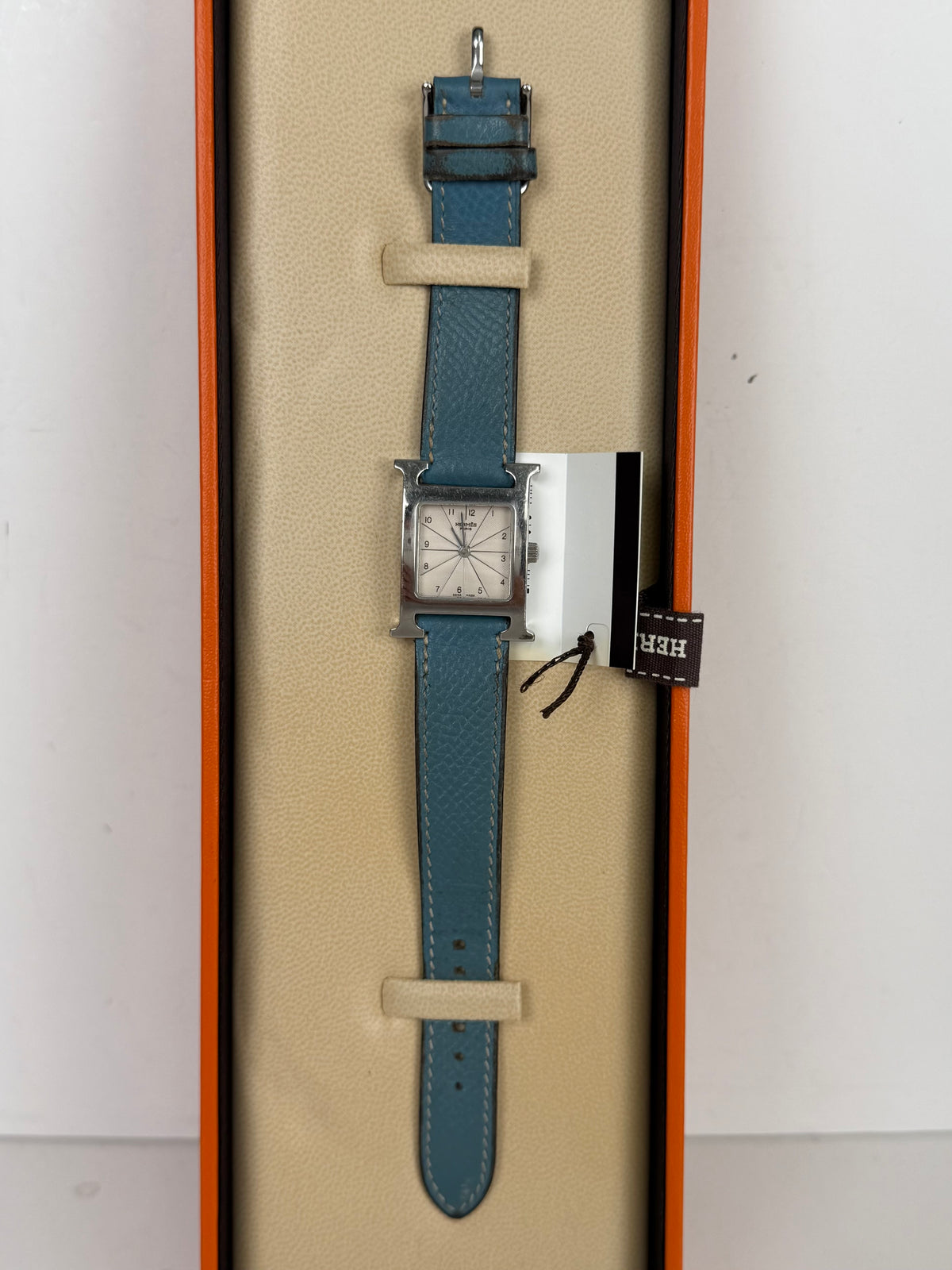 Hermes Heure H Watch 21mm in H-Shaped Stainless Steel Blue Leather Strap Y
