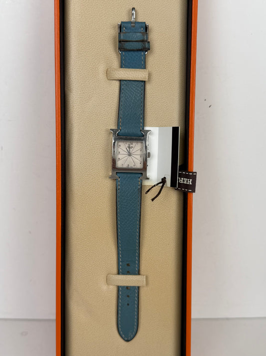 Hermes Heure H Watch 21mm in H-Shaped Stainless Steel Blue Leather Strap Y