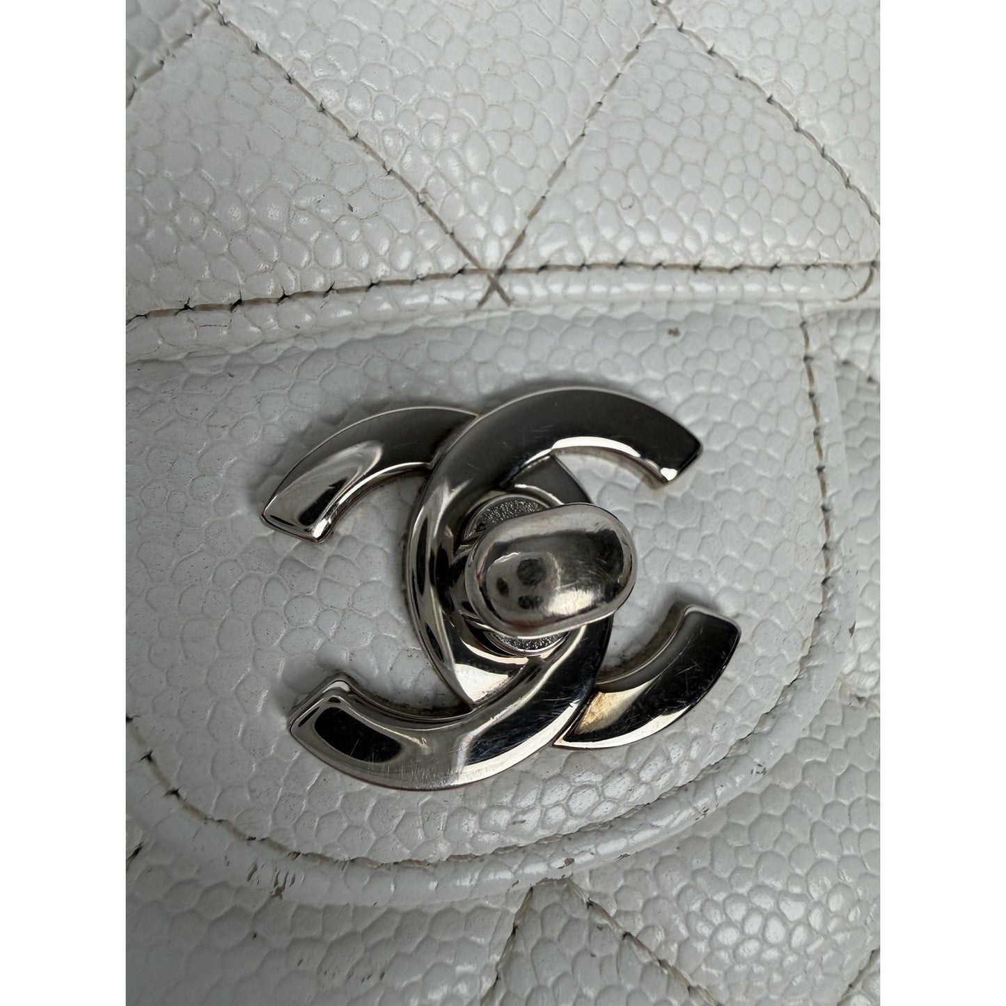 Chanel Classic Medium Double Flap Shoulder Bag in White Caviar Leather 2005-2006 B1