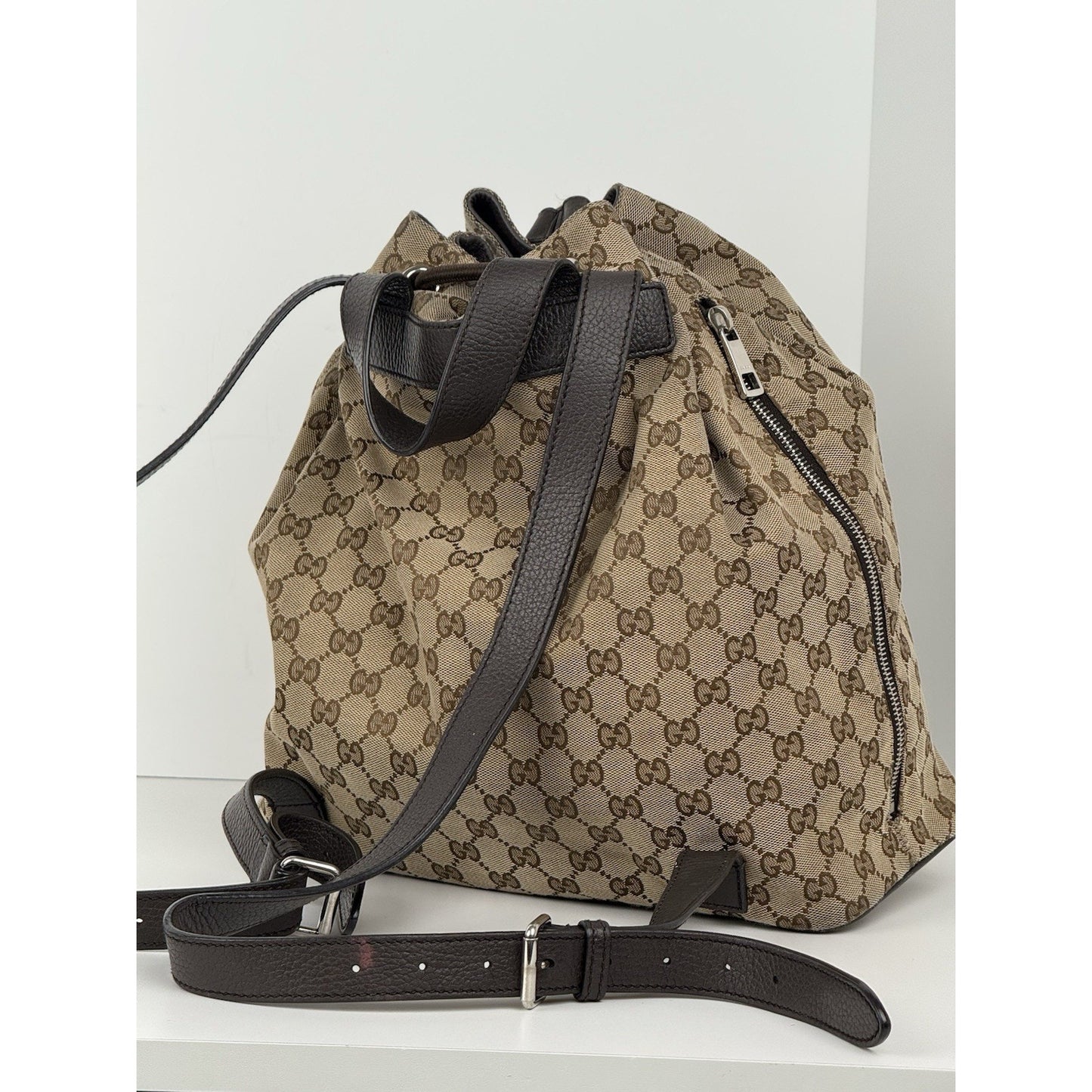 Gucci GG Brown Canvas Bucket Backpack