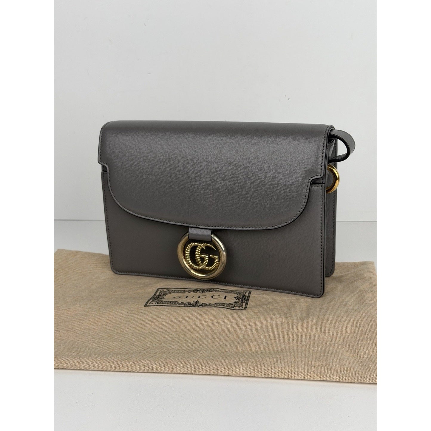 Gucci GG Ring Shoulder Bag Small Light Grey Smooth Leather Interlocking S18