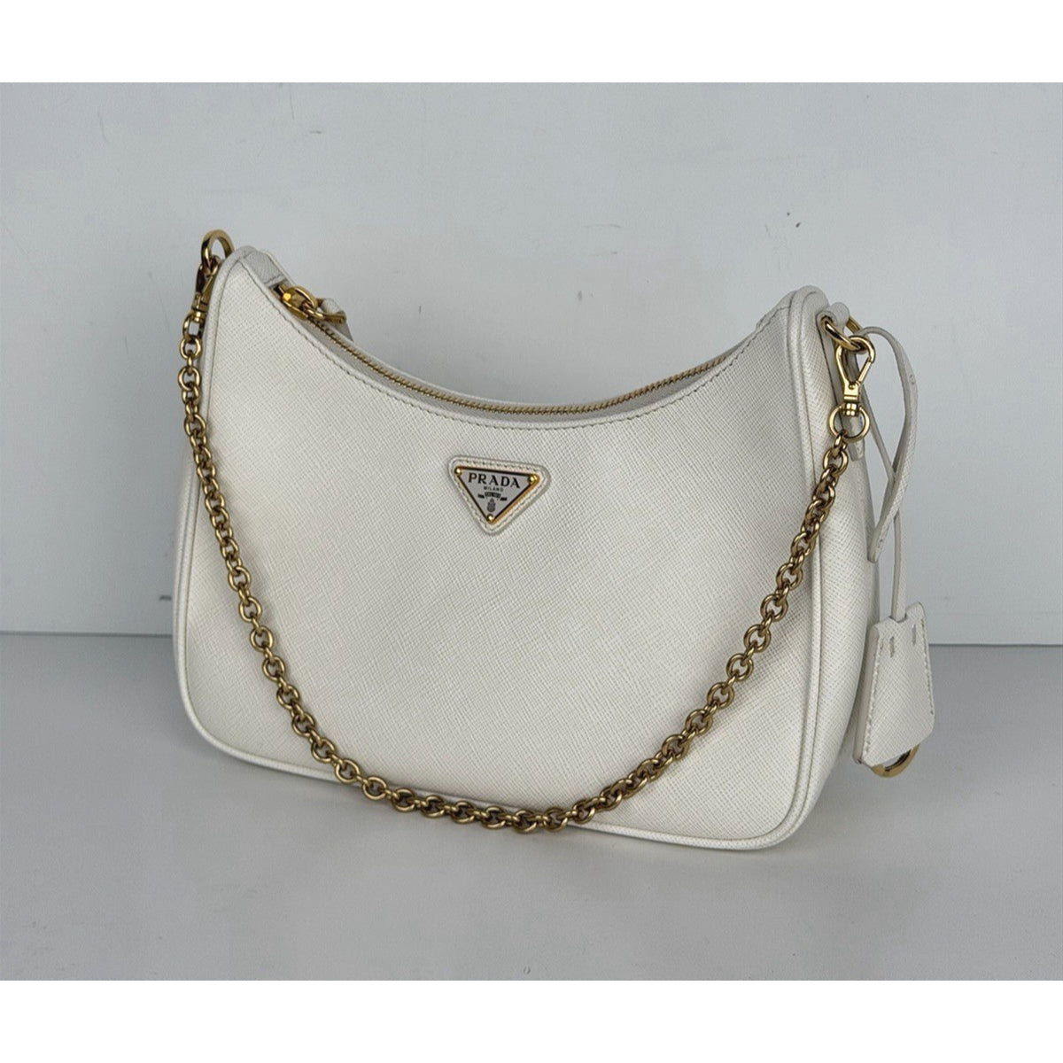 Prada Re-Edition 2005 Shoulder Bag White Saffiano Leather with Gold Hardware E-3