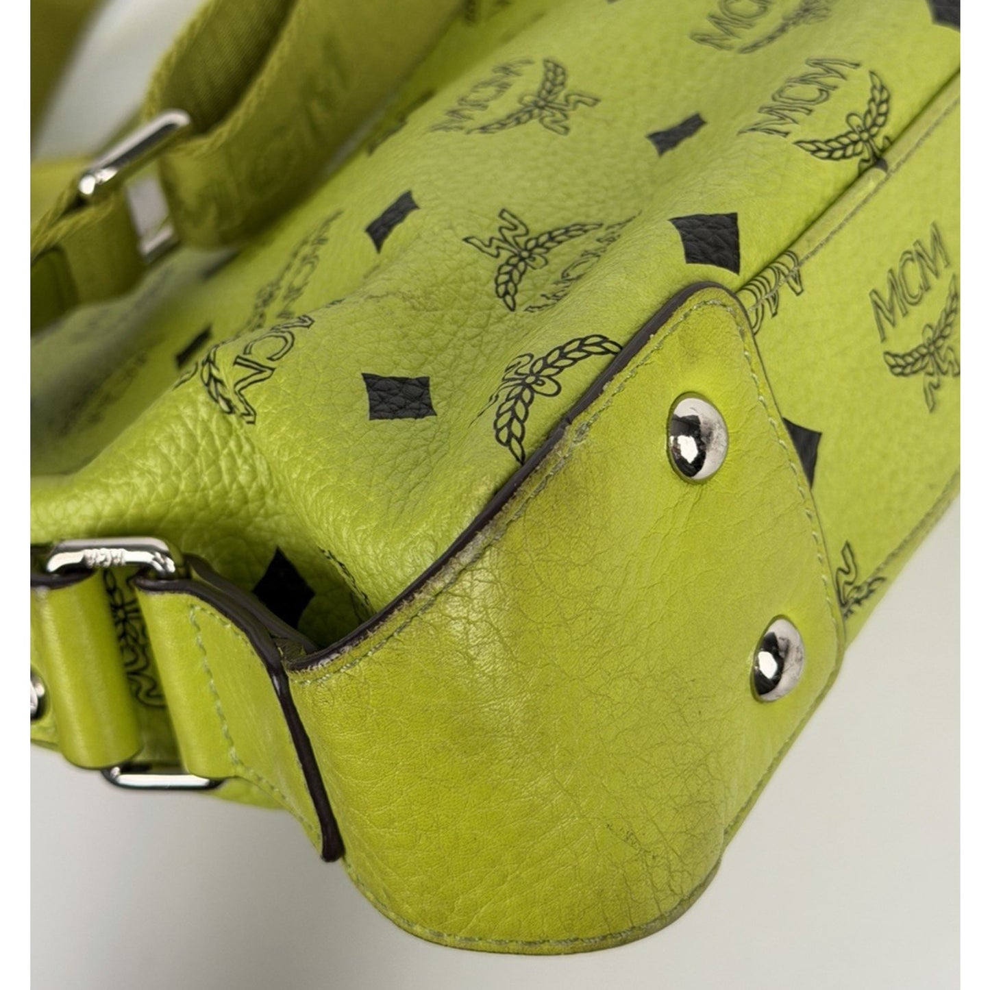 MCM Messenger Crossbody Bag in Neon Green Visetos Monogram Leather S-15