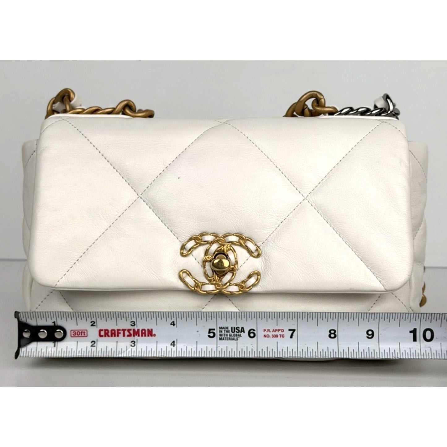 Chanel 19 Flap Small Shoulder Bag in Beige Quilted Lambskin Leather NFC E3