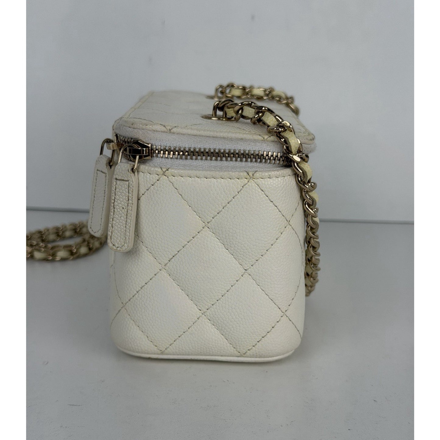 Chanel Vanity Case with Chain Small White Quilted Leather & Diamond Pattern D4